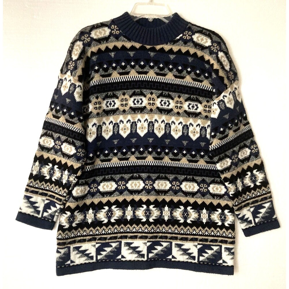 Vtg WomenscFair Isle Tunic Sweater L Mock Neck Blue Tan White Private Eyes